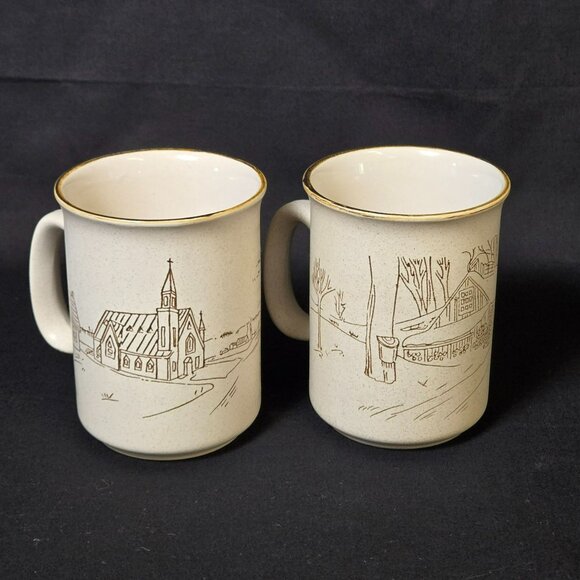 Pair (2) Collection Manoir Corée Mugs Coffee Cups Church Cabin French Mission - Picture 1 of 9